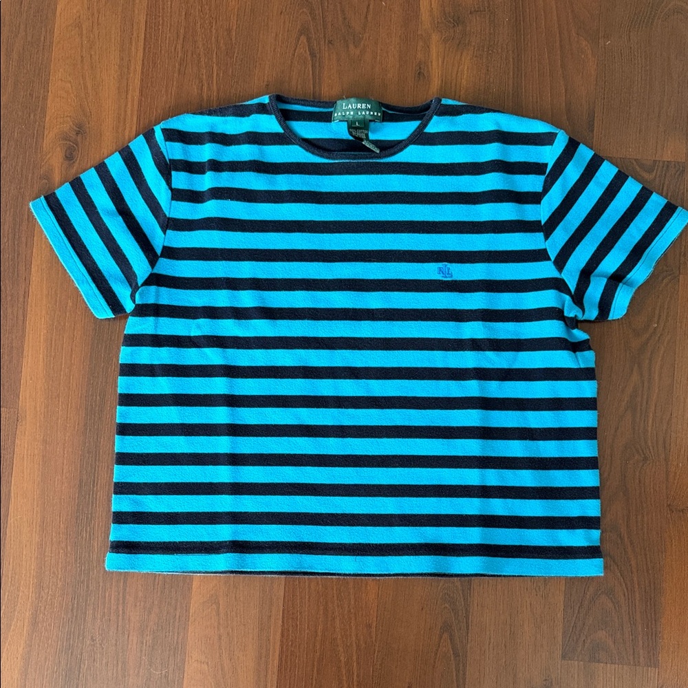 Vintage Y2K Ralph Lauren Black and Blue Striped Tee